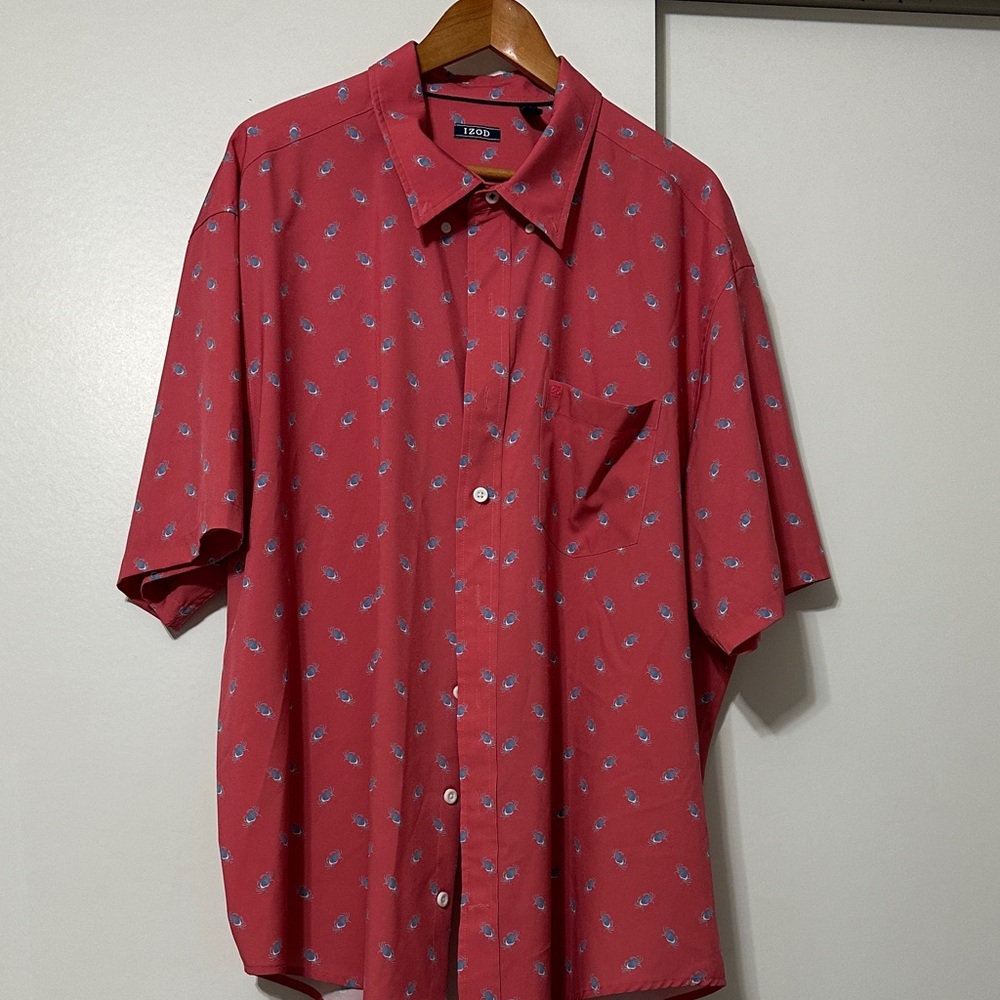 Izod Red Casual Button Down Shirt with Blue Pattern